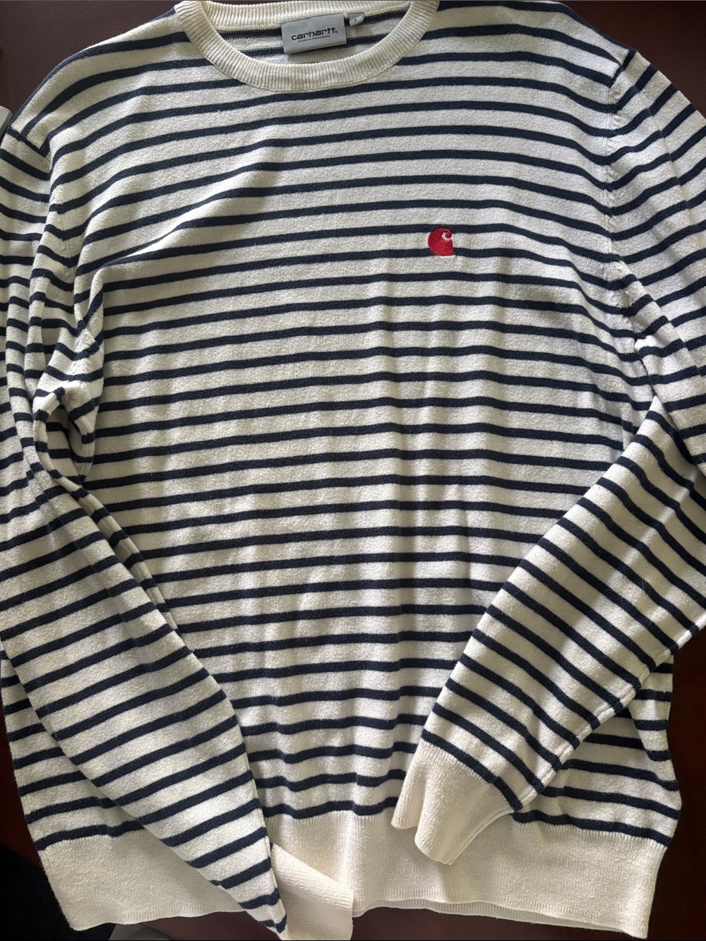 Carhartt WIP Cream and Black Striped Crewneck Sweater with Red Logo